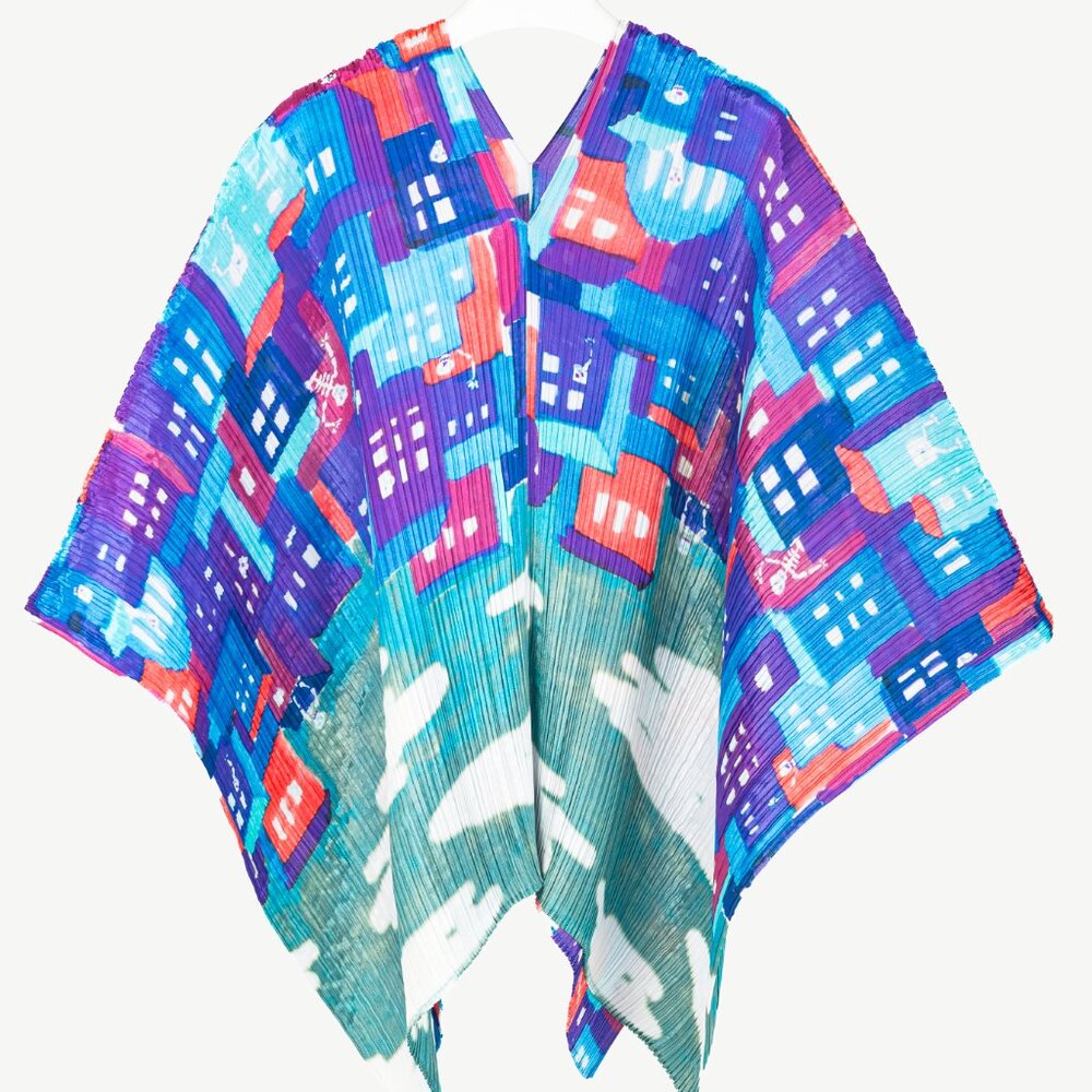 Pleats Please Issey Miyake Blue Streetscape-Print Shawl